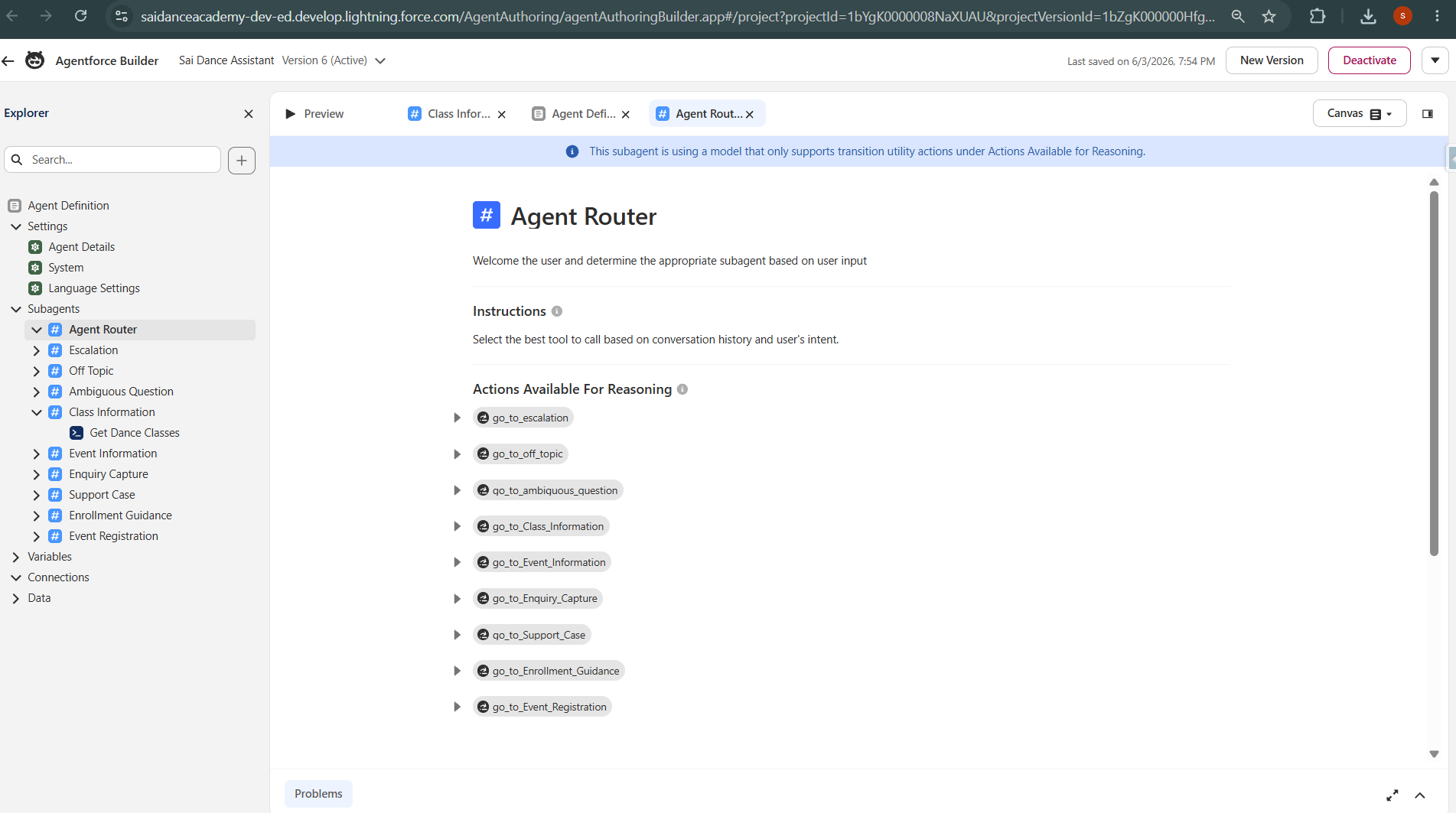 Agentforce Builder showing agent overview with subagents