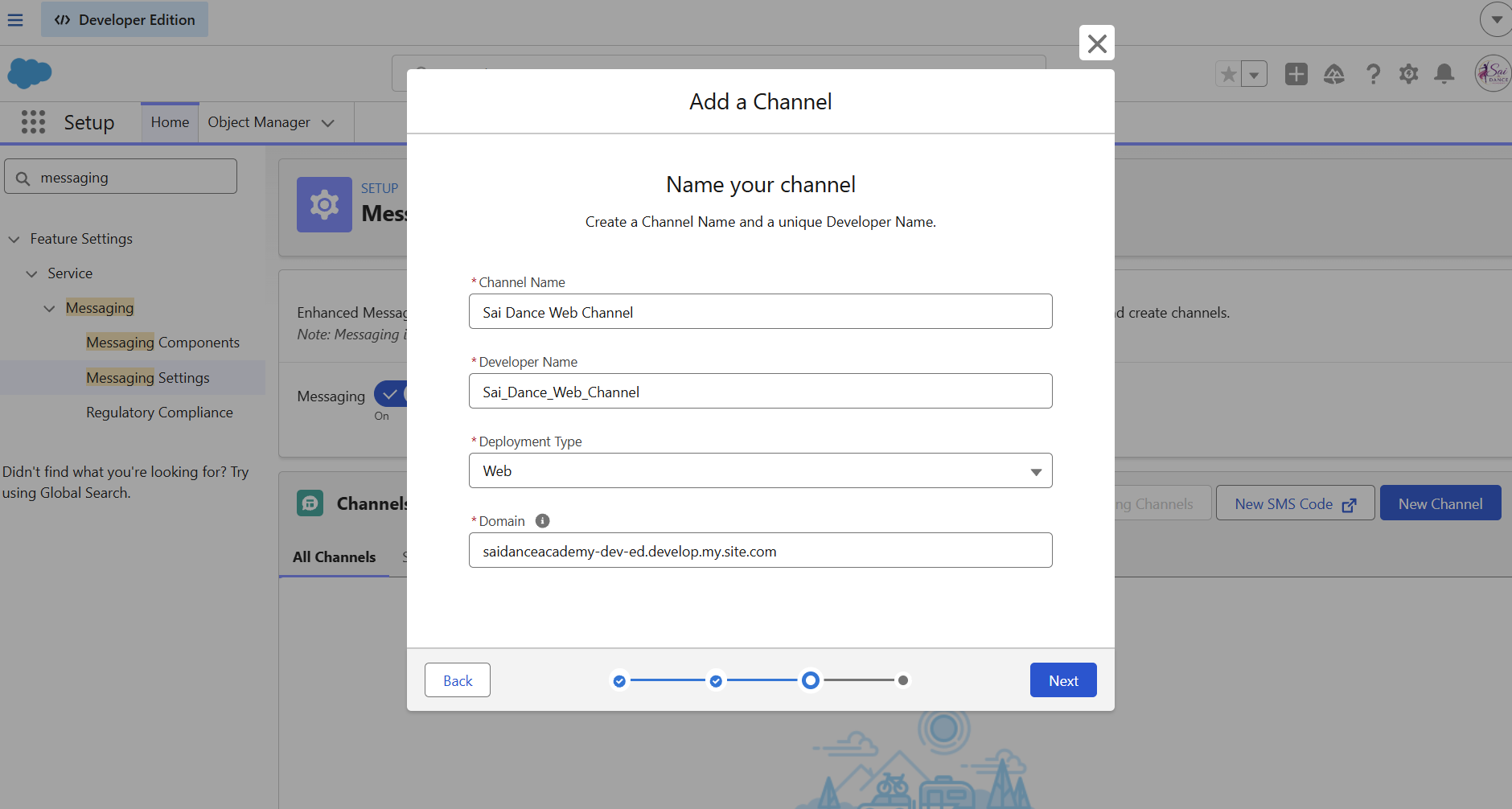 Messaging Channel setup showing domain field