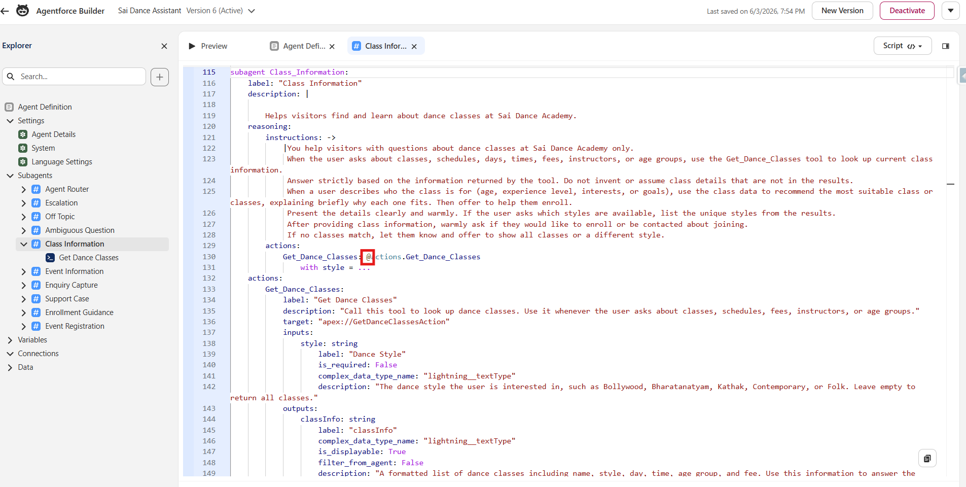 Script view showing subagent structure