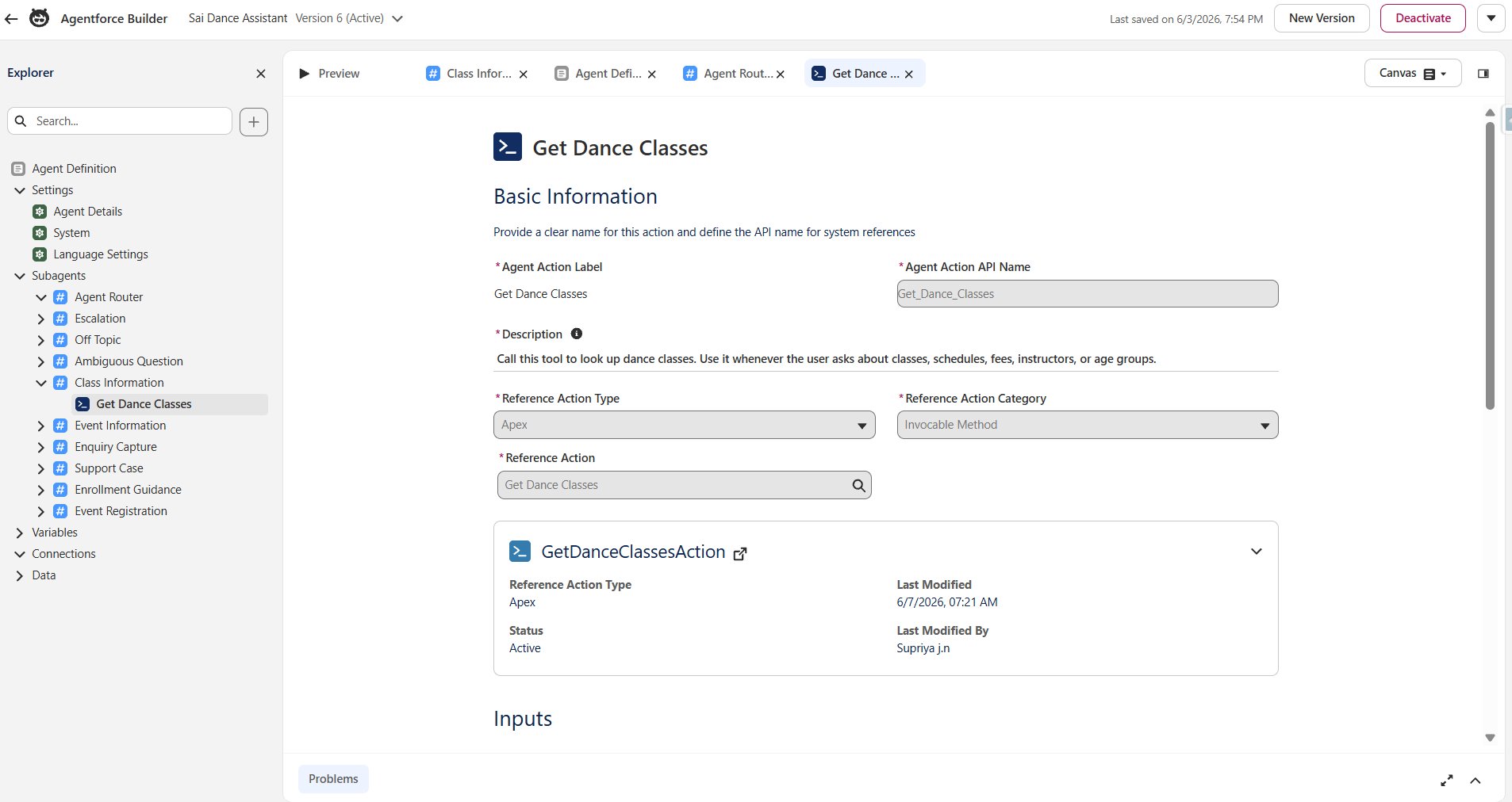 Class Information subagent configuration
