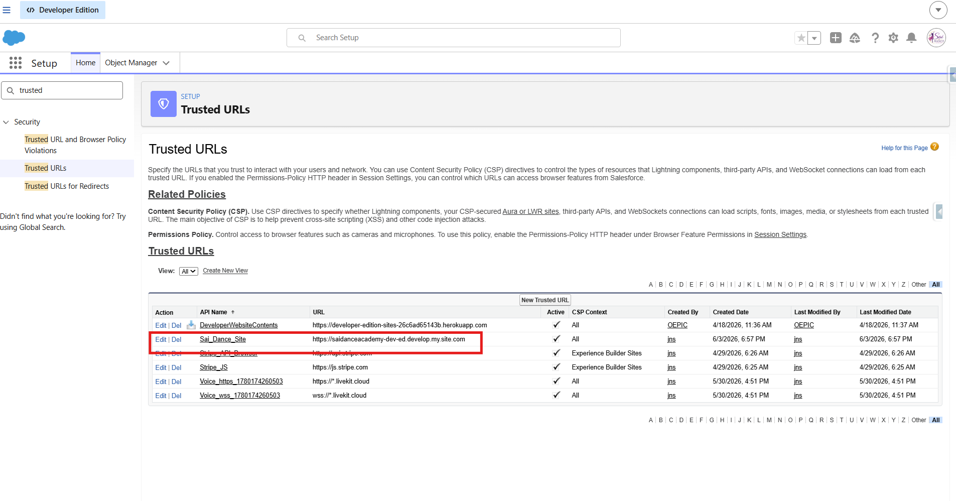 Trusted URLs configuration showing site domain allowlisted