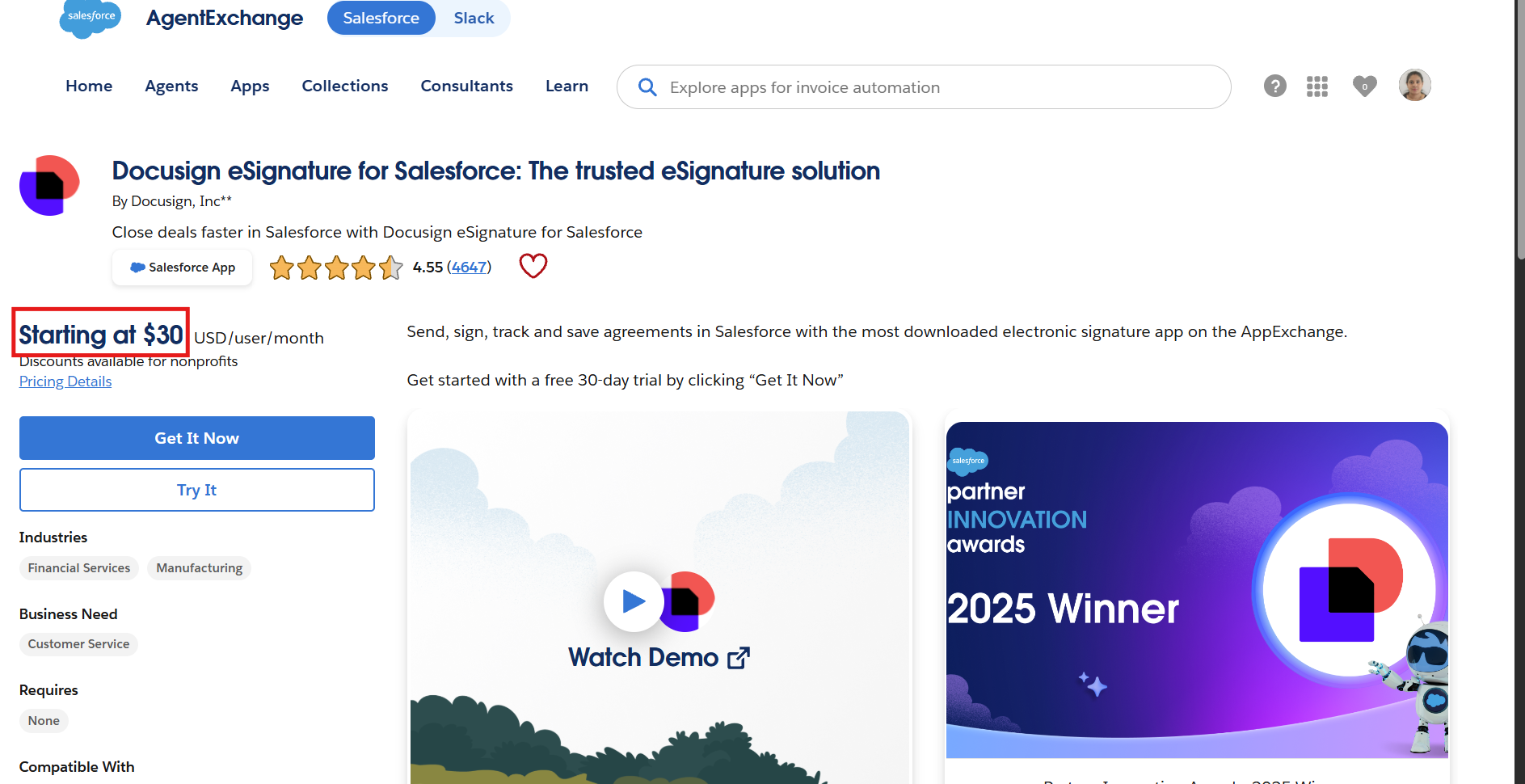DocuSign eSignature listing on Salesforce AppExchange showing $30/user/month price