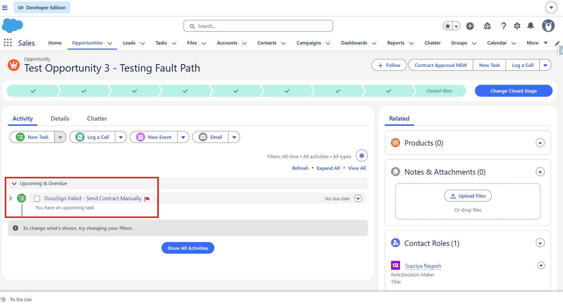 DocuSign Status record in Salesforce showing Completed status linked to Test Opportunity 1