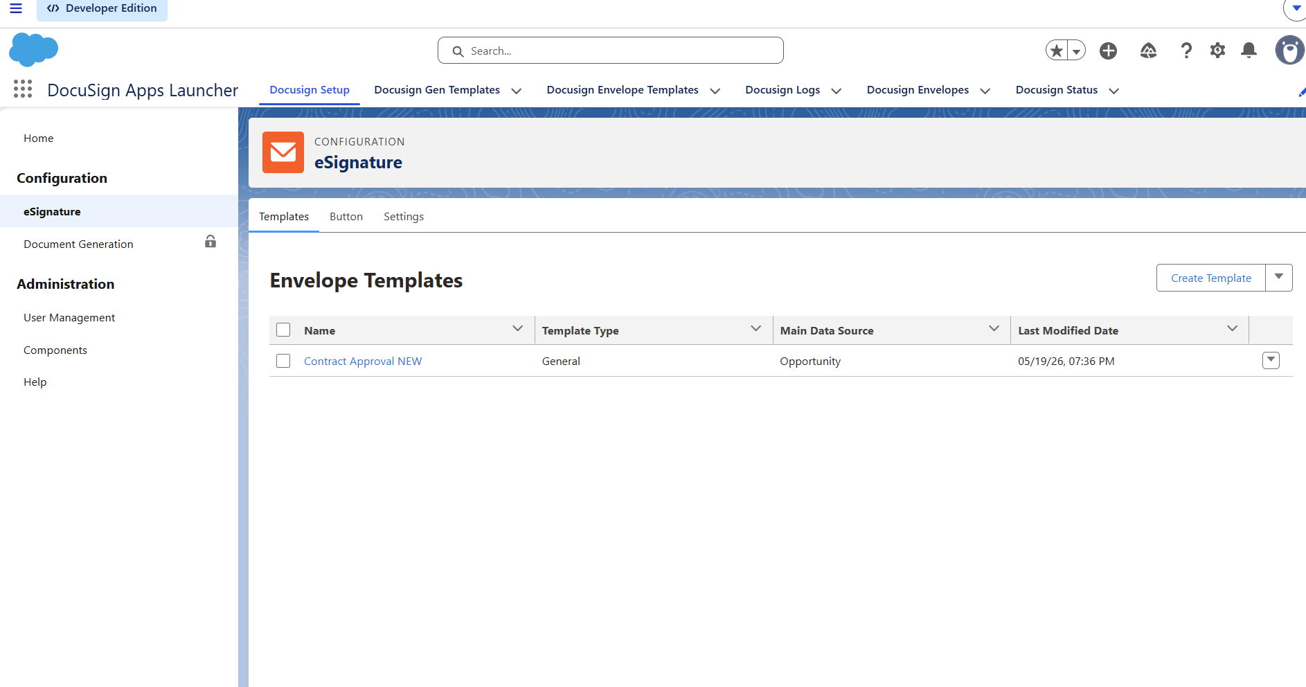 Envelope Templates list inside Salesforce DocuSign Apps Launcher showing the Contract Approval template