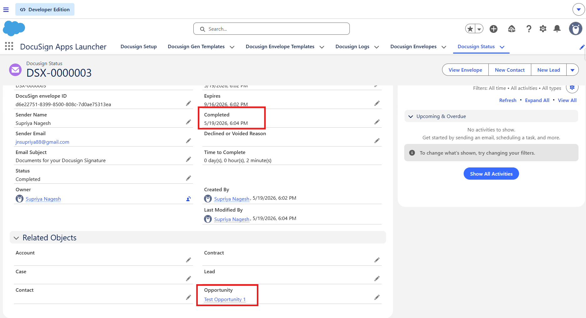 DocuSign template settings showing Field Updates — Envelope Completed mapped to Contract Signed = True