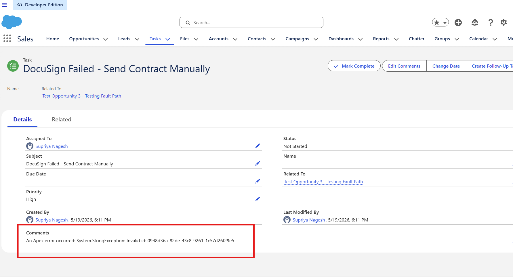Salesforce Opportunity record showing Contract Signed checkbox ticked after DocuSign completion