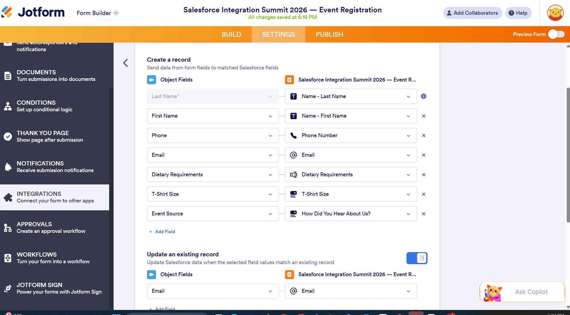 Map JotForm fields to Salesforce fields