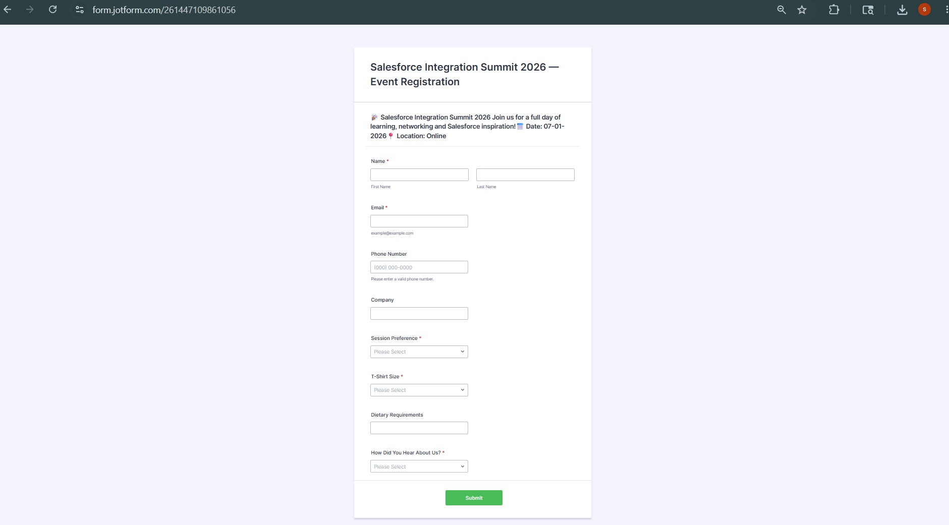 Public registration form for general attendees