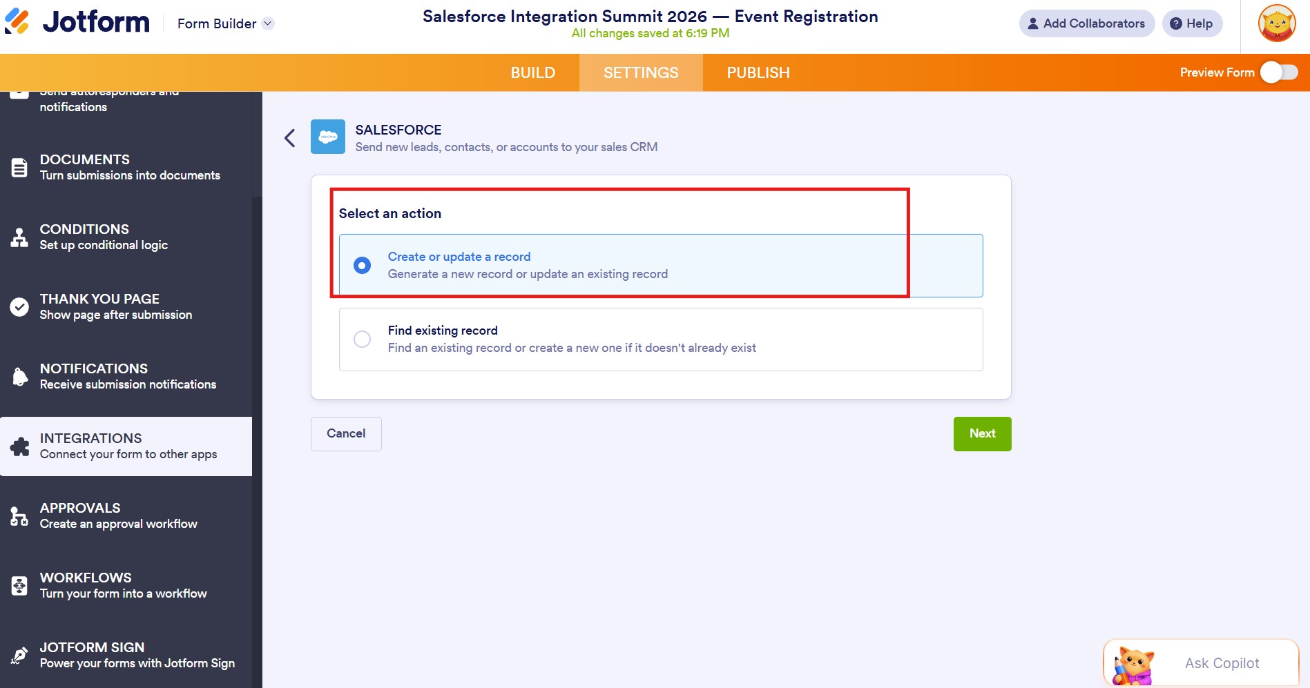 Set Actions in JotForm Salesforce connector