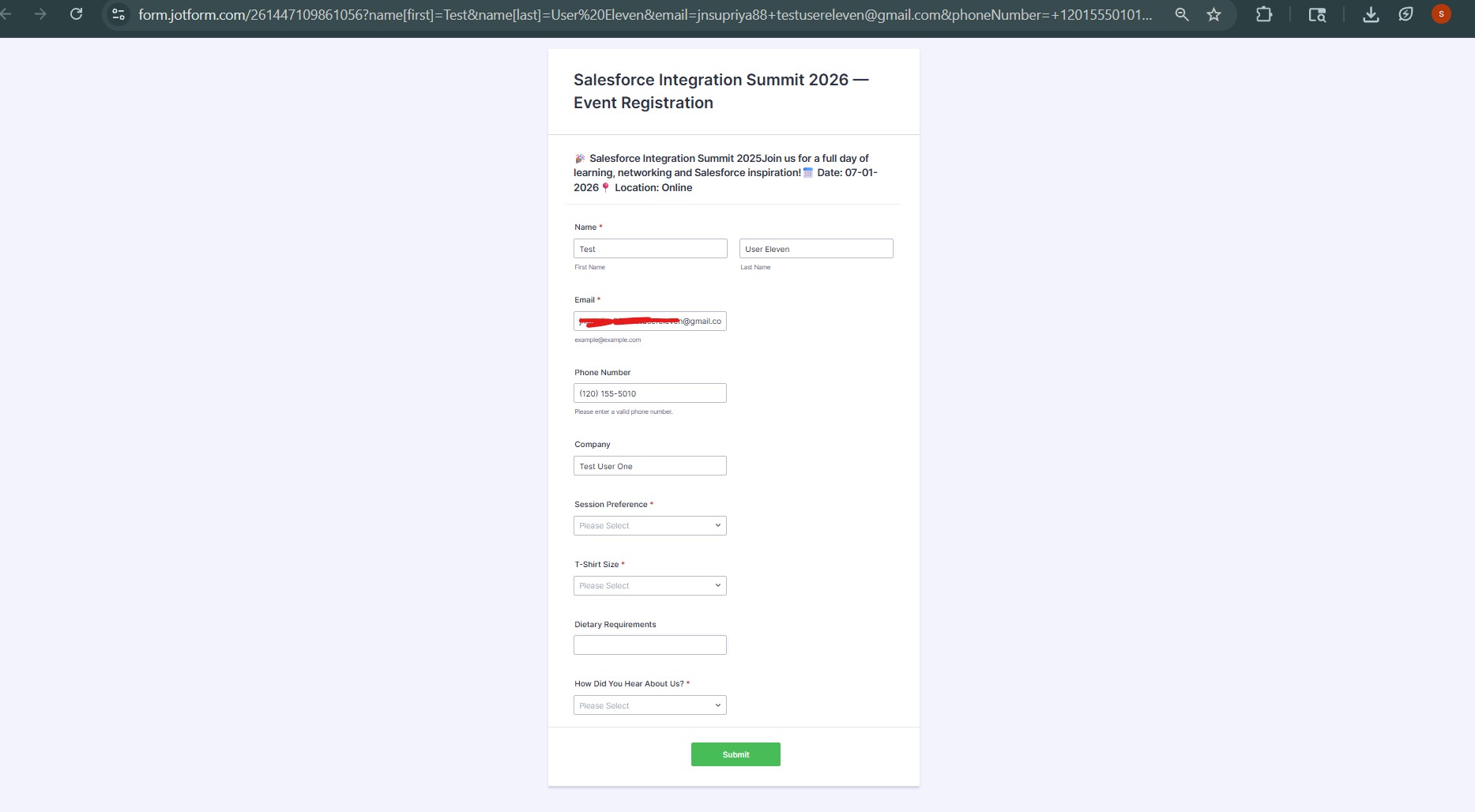 Pre-populated JotForm with Contact details filled in