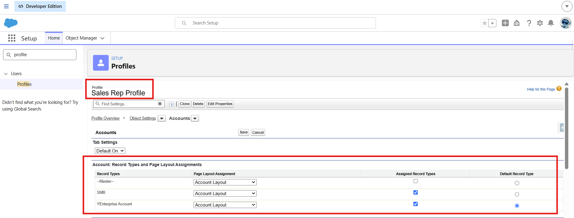 Page Layout Assignment grid in Setup, showing assignment by Profile and Record Type