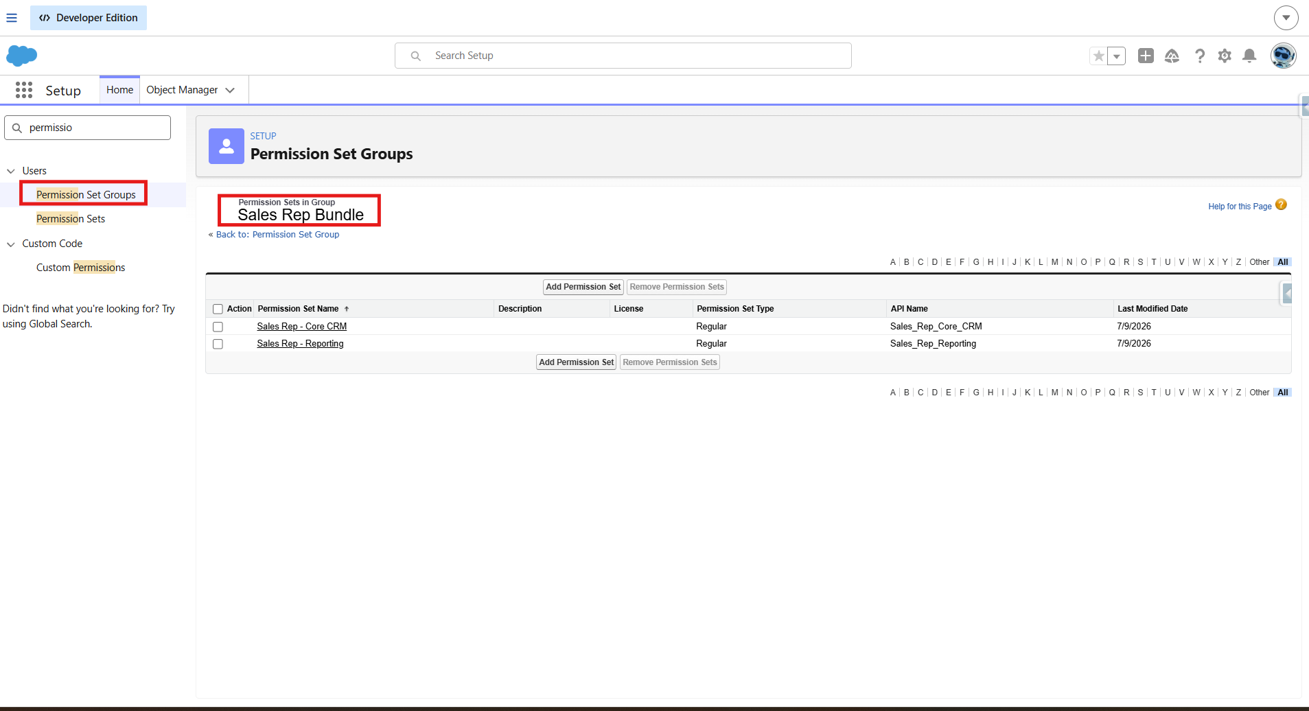 Permission Set Group named Sales Rep Bundle showing its component Permission Sets