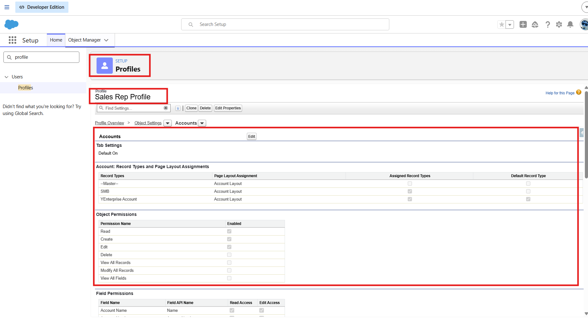 Permission Set Object Settings screen showing CRUD access on Account
