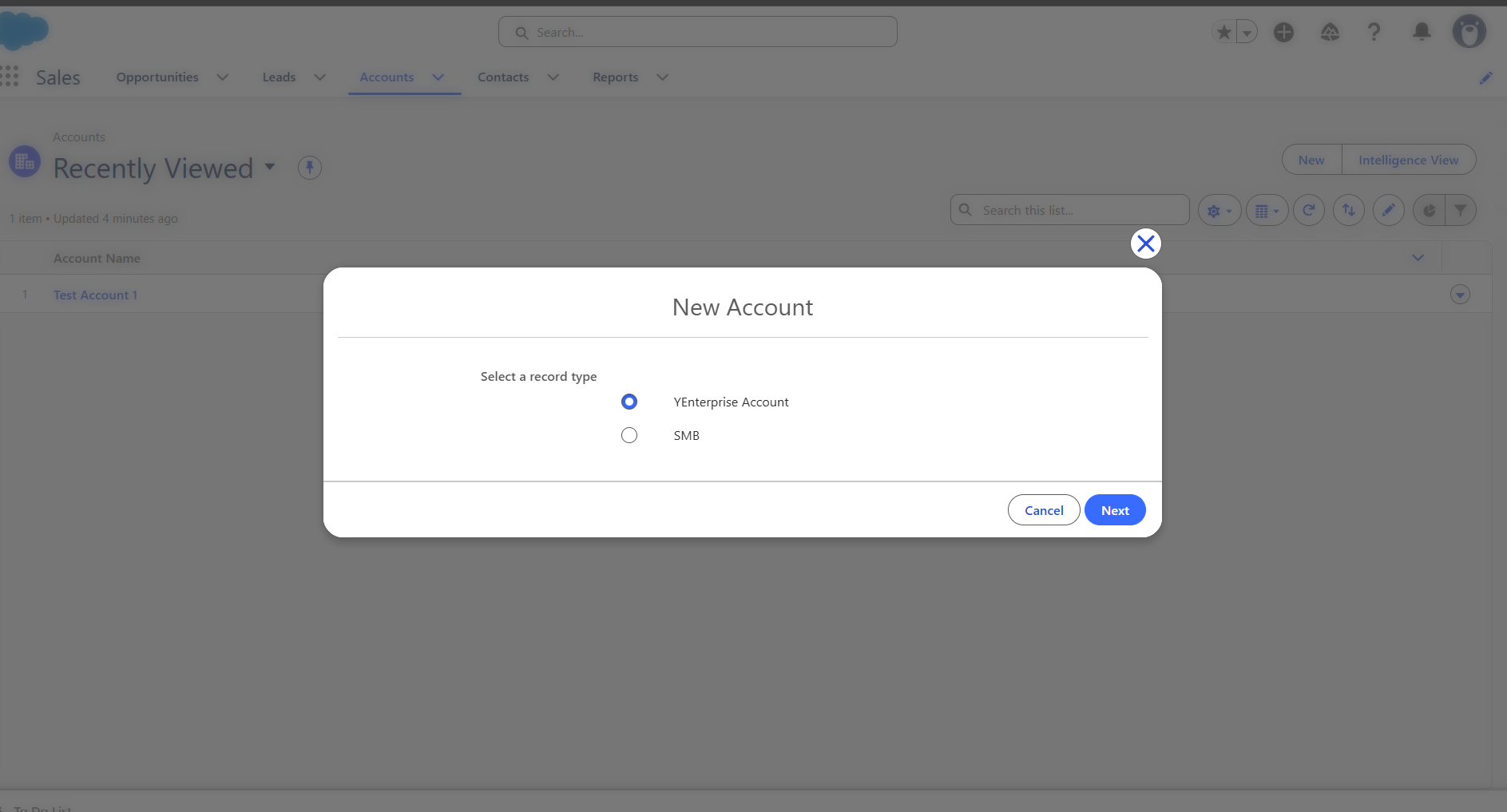 Record Type picker after renaming and defaulter selected on profile, confirming the default still depends on Profile