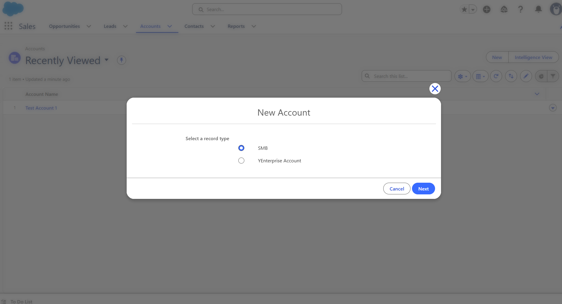 Record Type picker showing both Enterprise and SMB record types, with defaulter based on alphabetic order