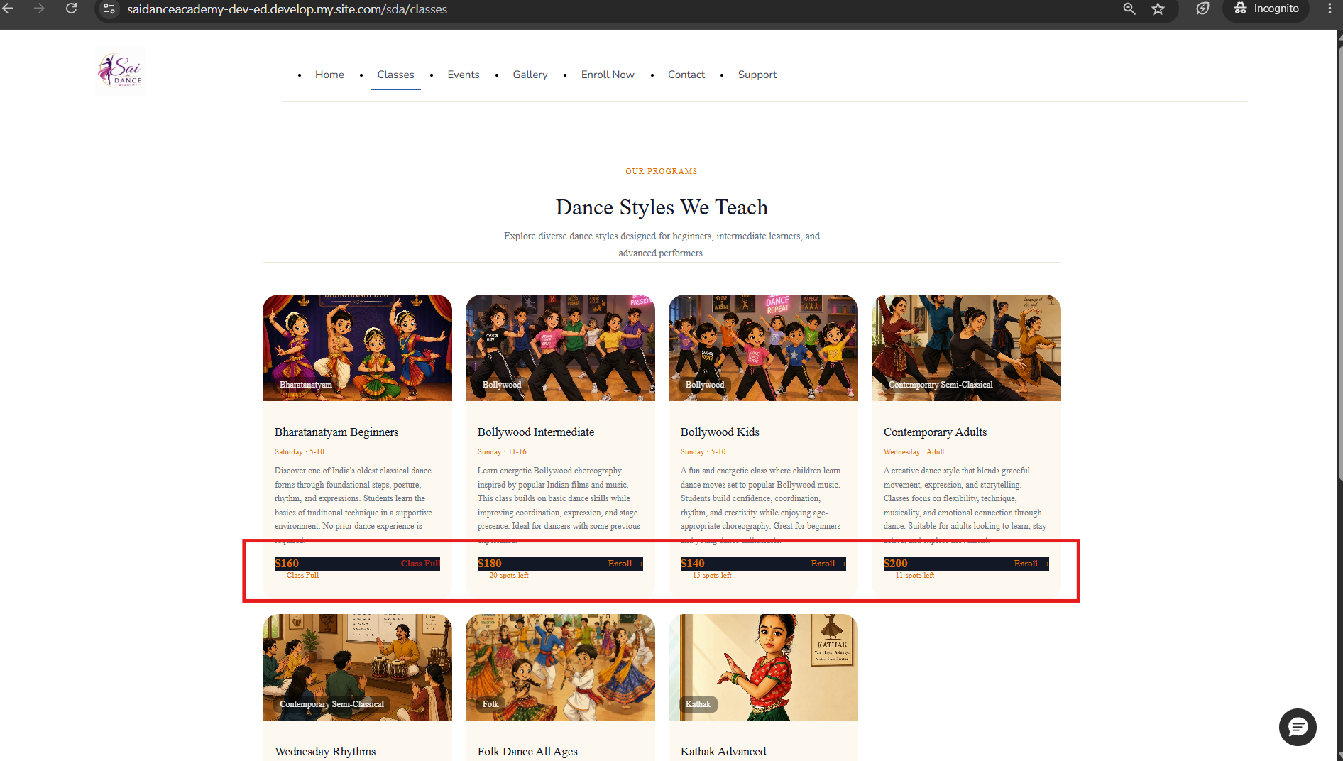 Classes catalogue with live availability