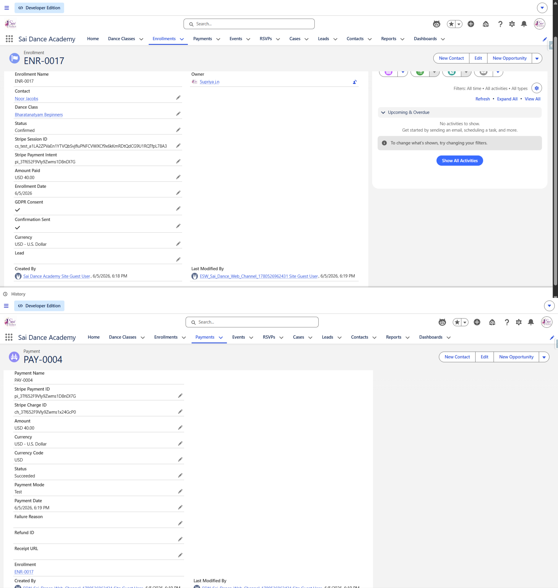 Payment audit record created by webhook