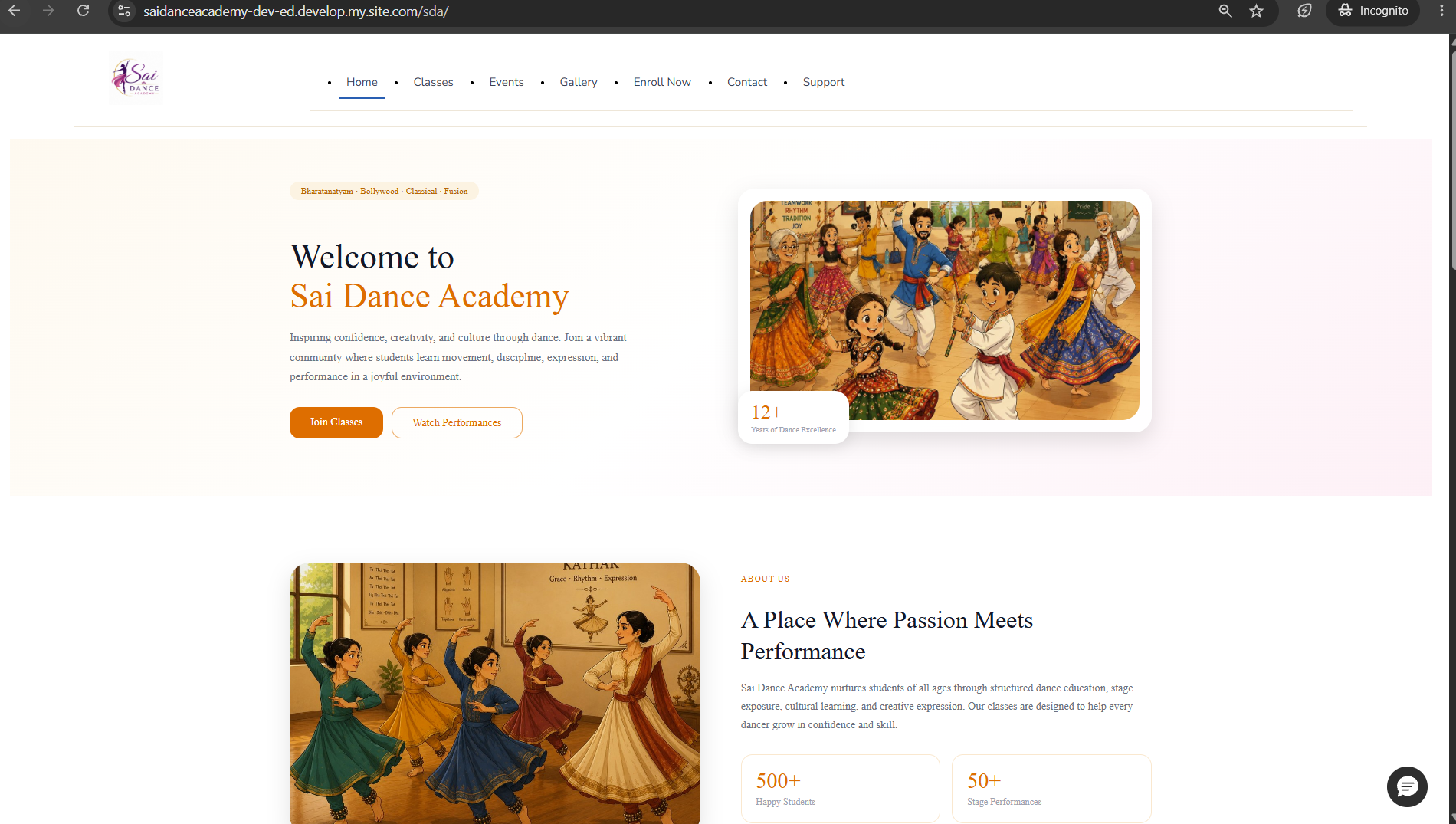 Sai Dance Academy public site homepage