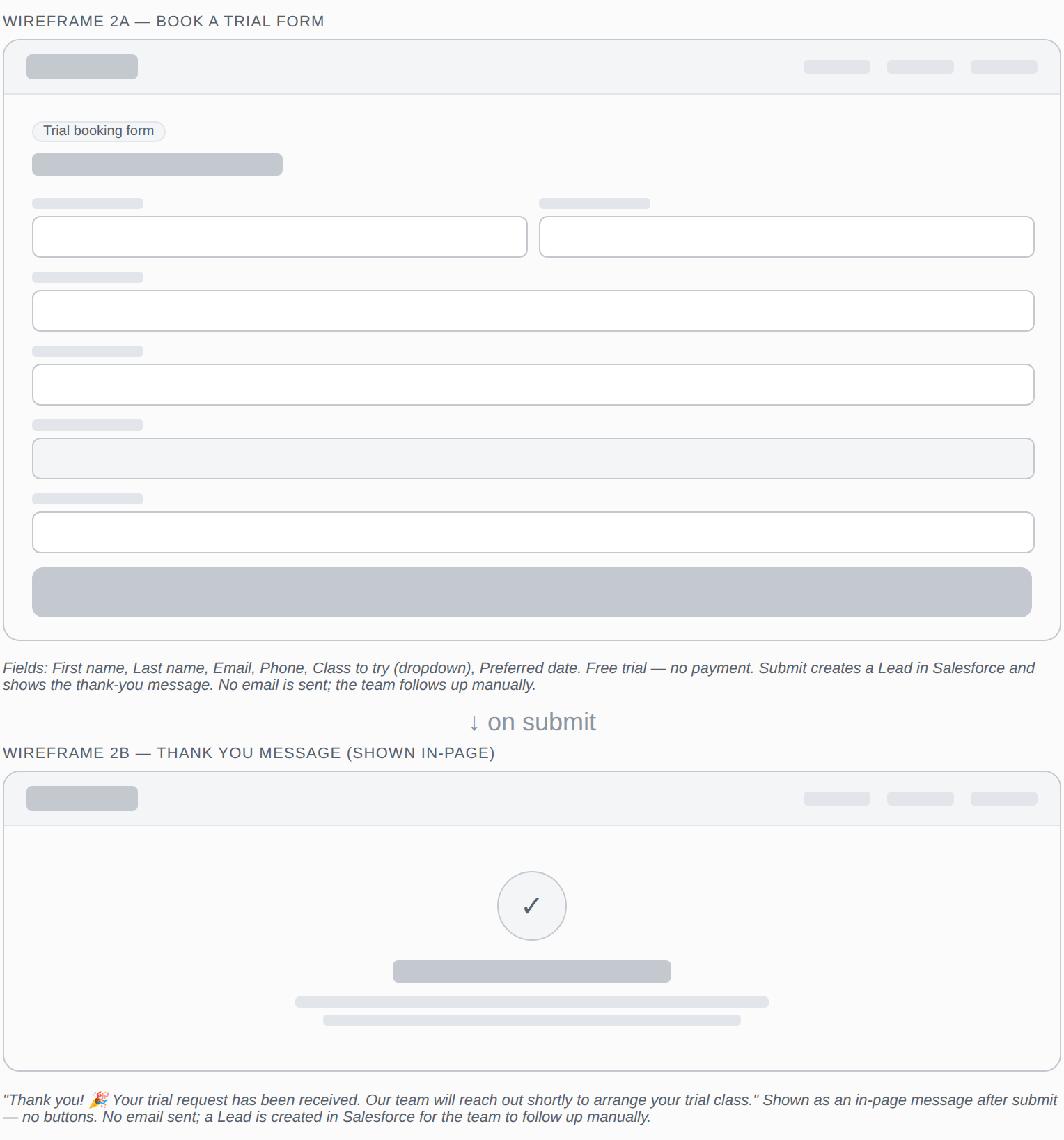 Book a Trial page wireframe showing short intake form
