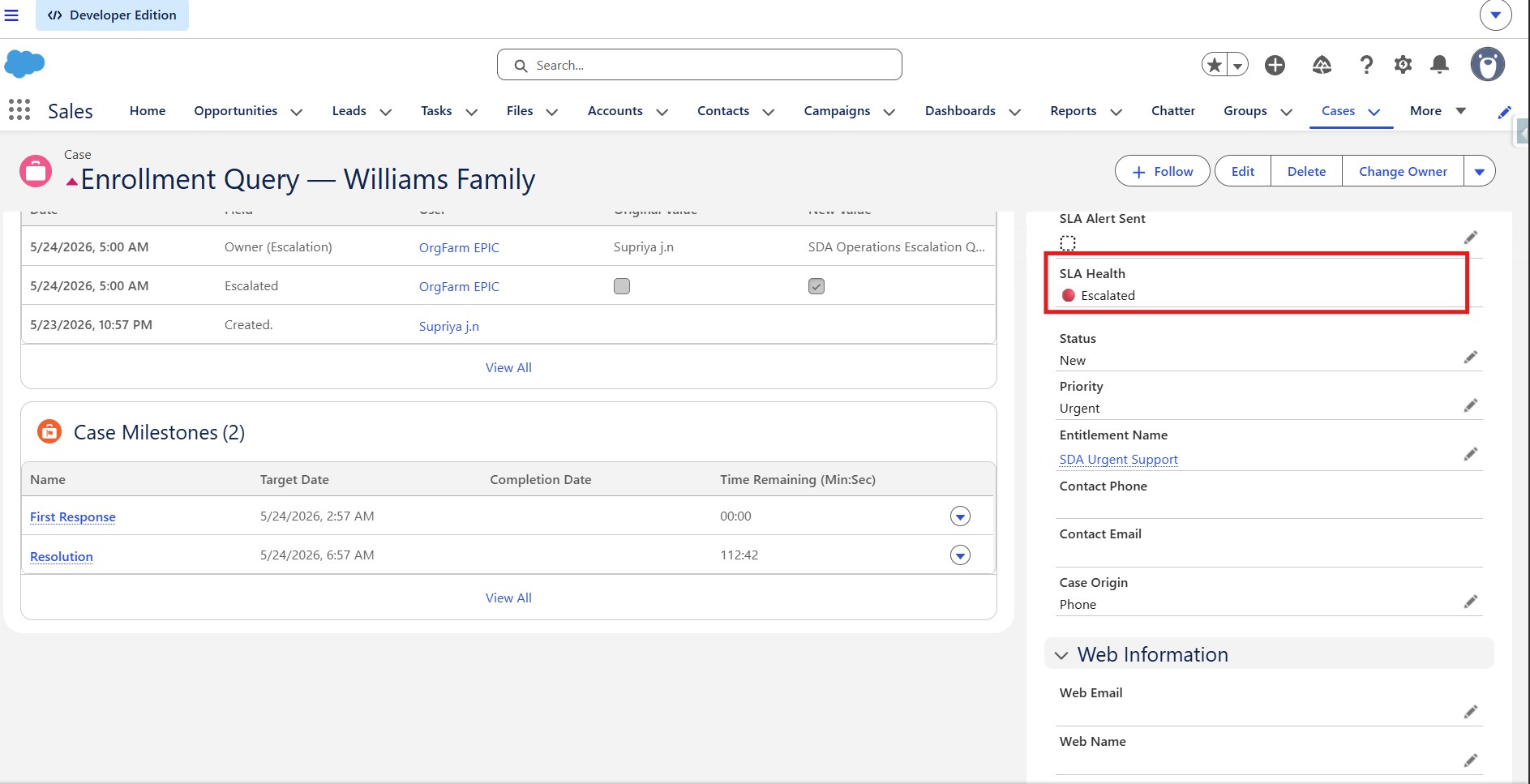 Case record showing SLA Health: Escalated — case auto-reassigned to Operations queue