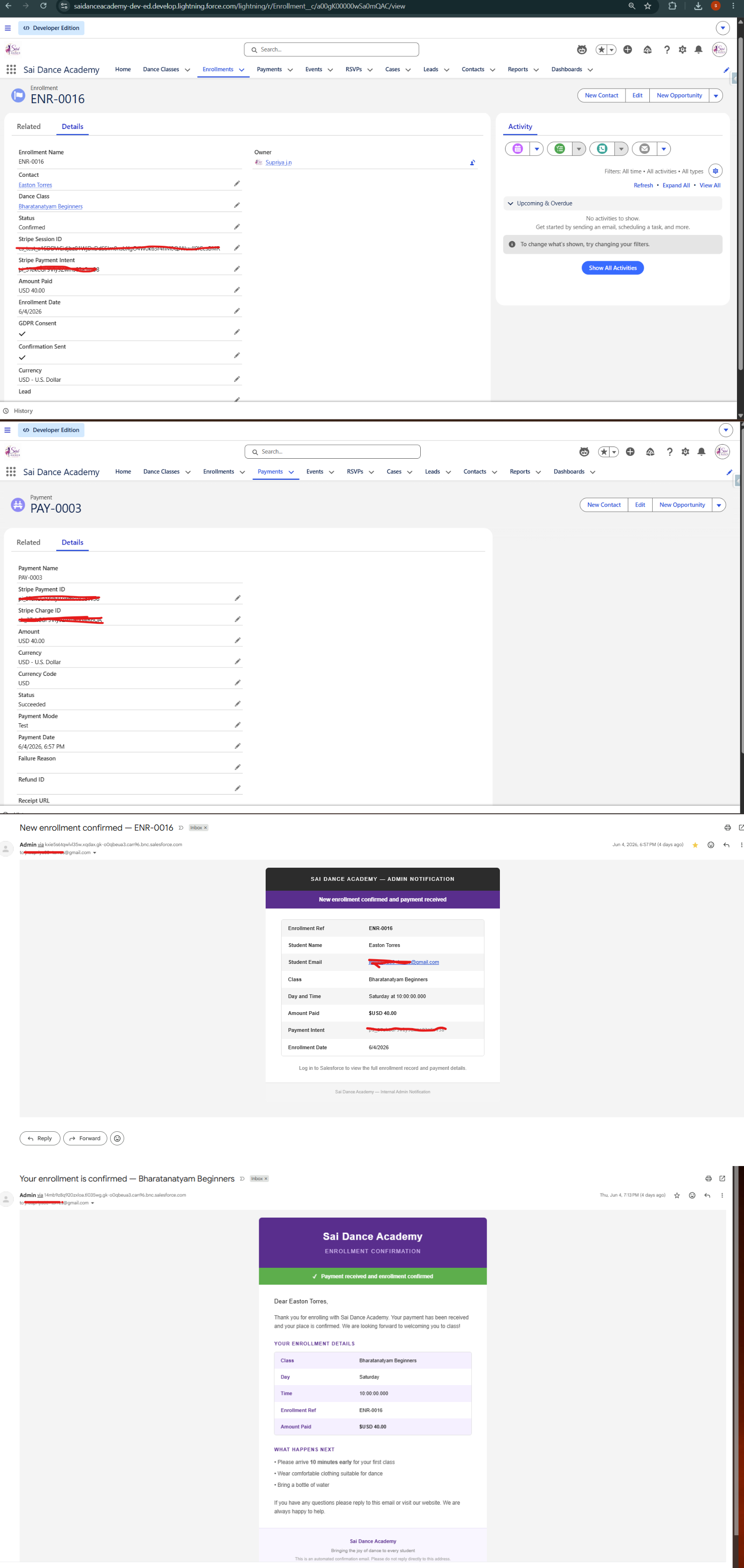 Enrollment record showing Confirmed status and linked Payment record