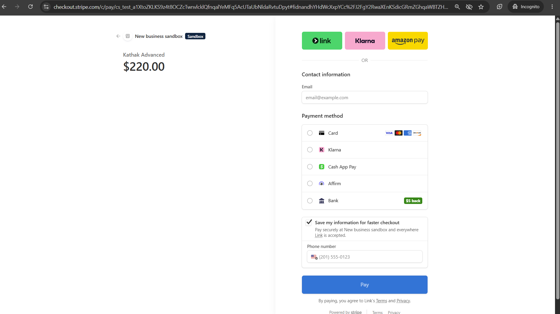 Stripe Checkout page showing class name and fee in USD