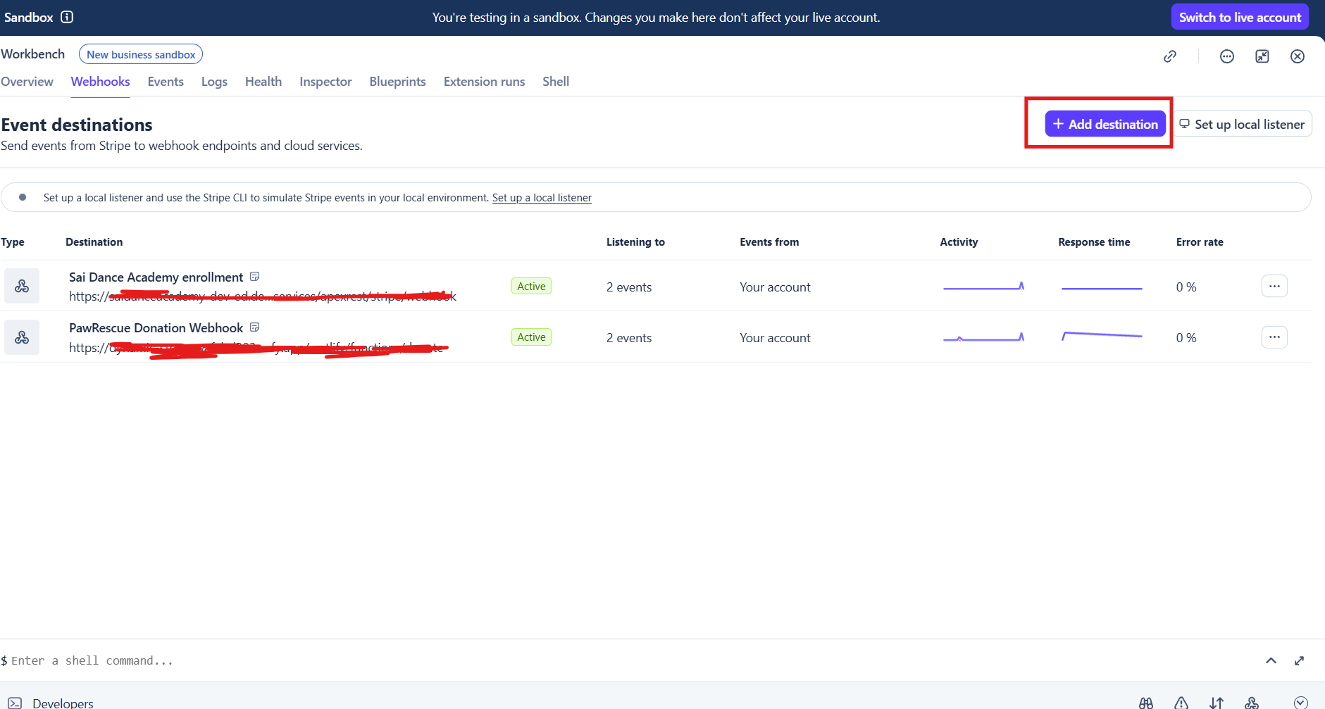 Stripe dashboard showing the configured webhook endpoint URL