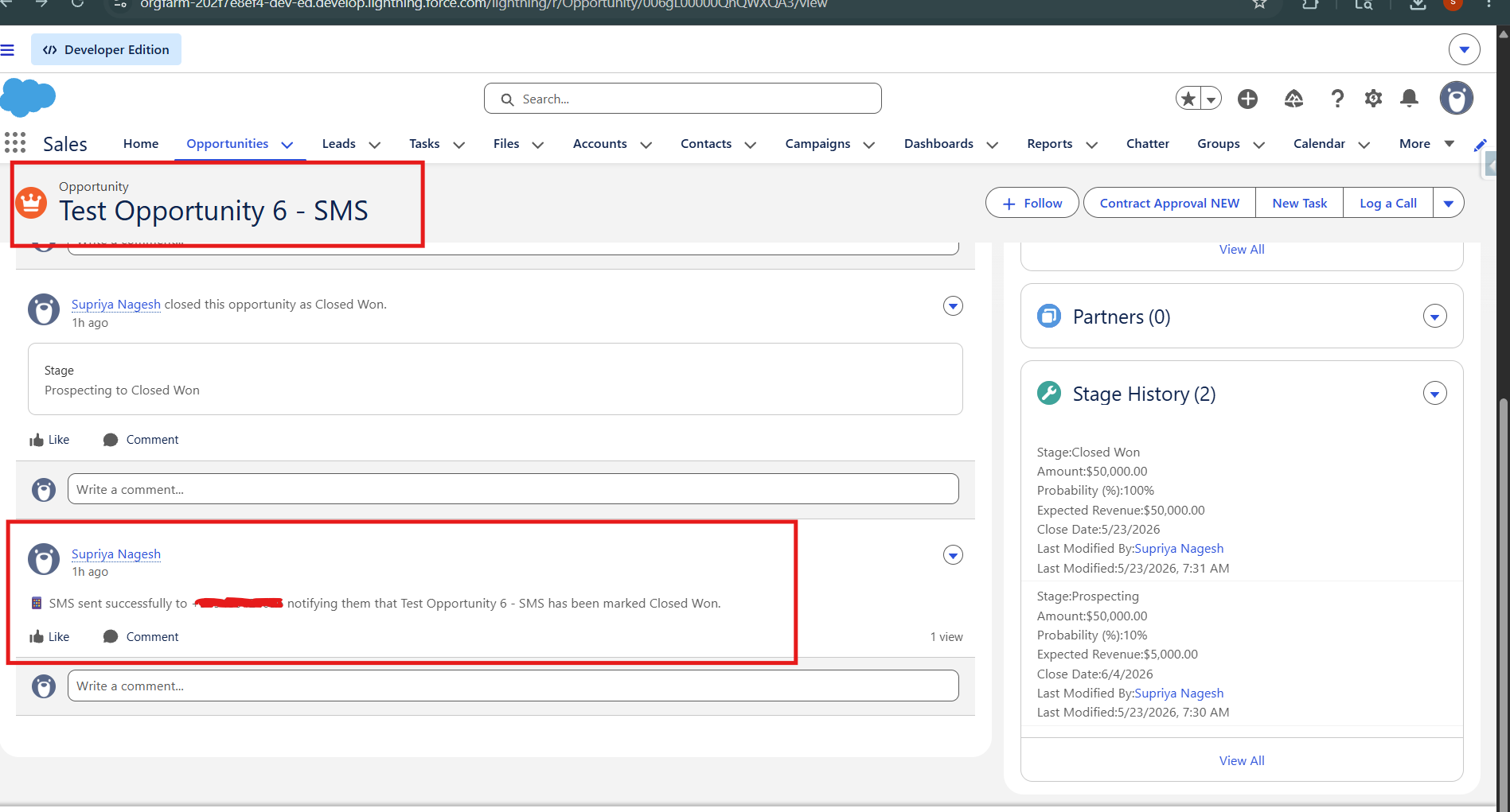 Salesforce Chatter post on Opportunity confirming SMS was sent