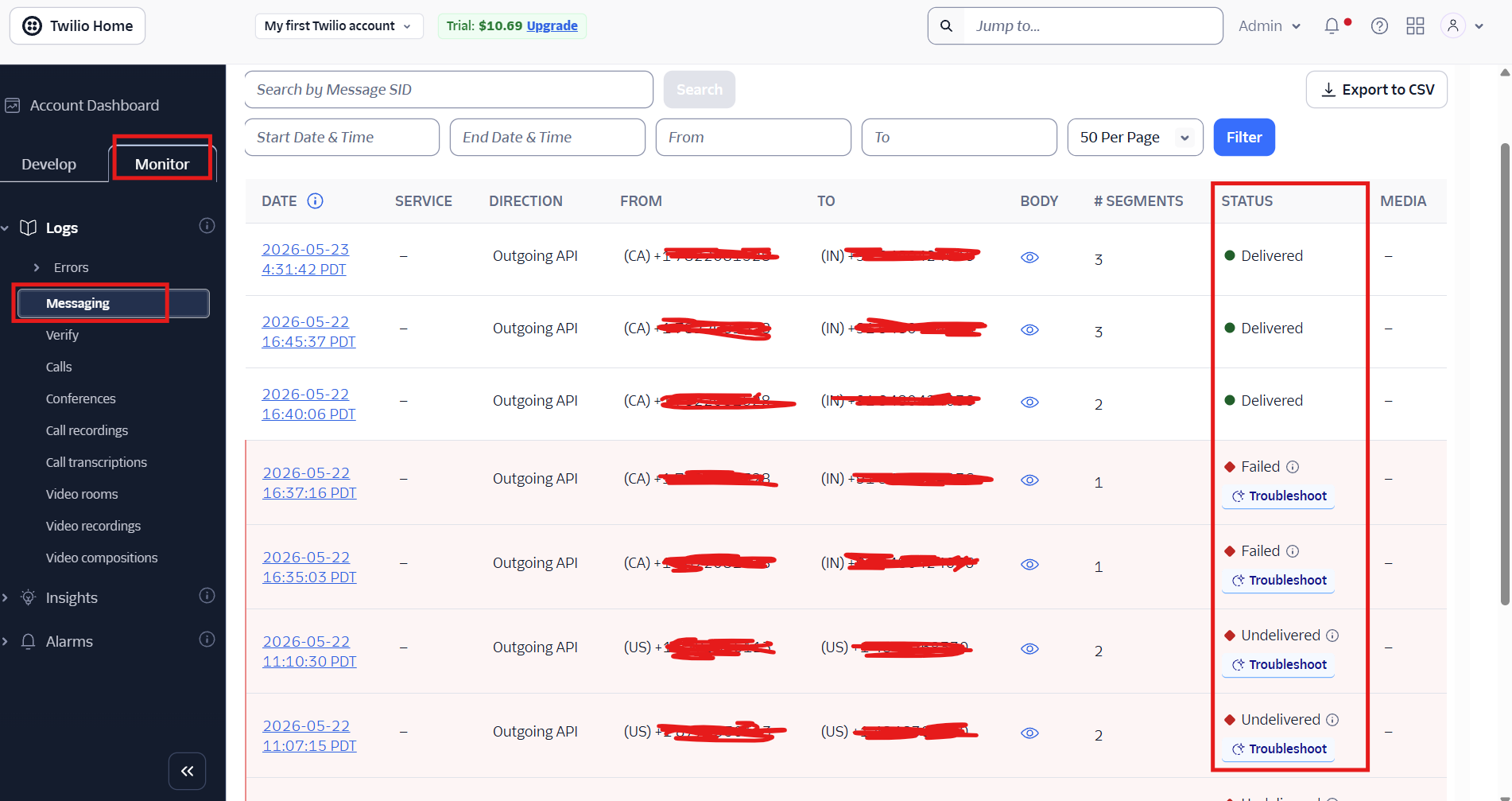 Salesforce debug logs showing successful HTTP callout to Twilio API