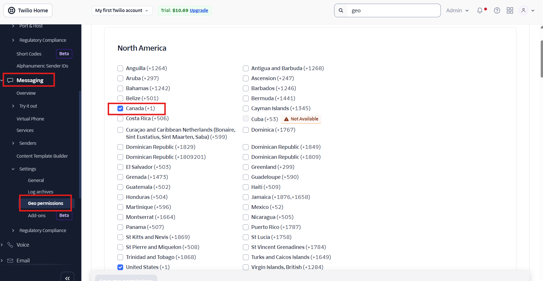 Twilio Messaging Geographic Permissions showing destination countries enabled