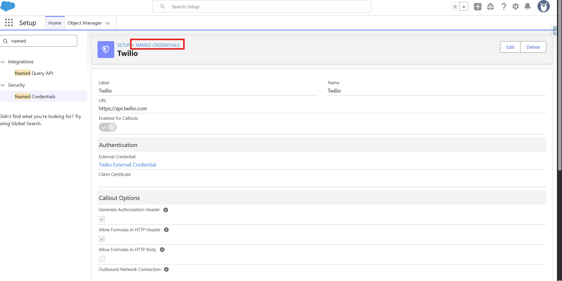 Named Credential detail showing Twilio URL, External Credential link and callout options