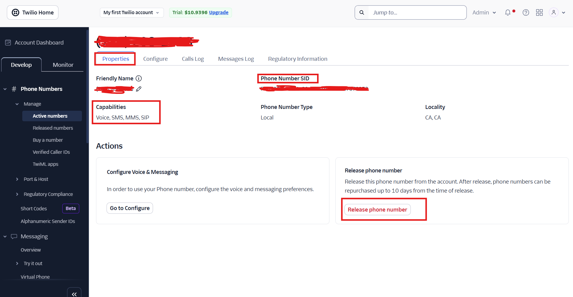 Twilio console showing how to release a phone number to preserve trial credit
