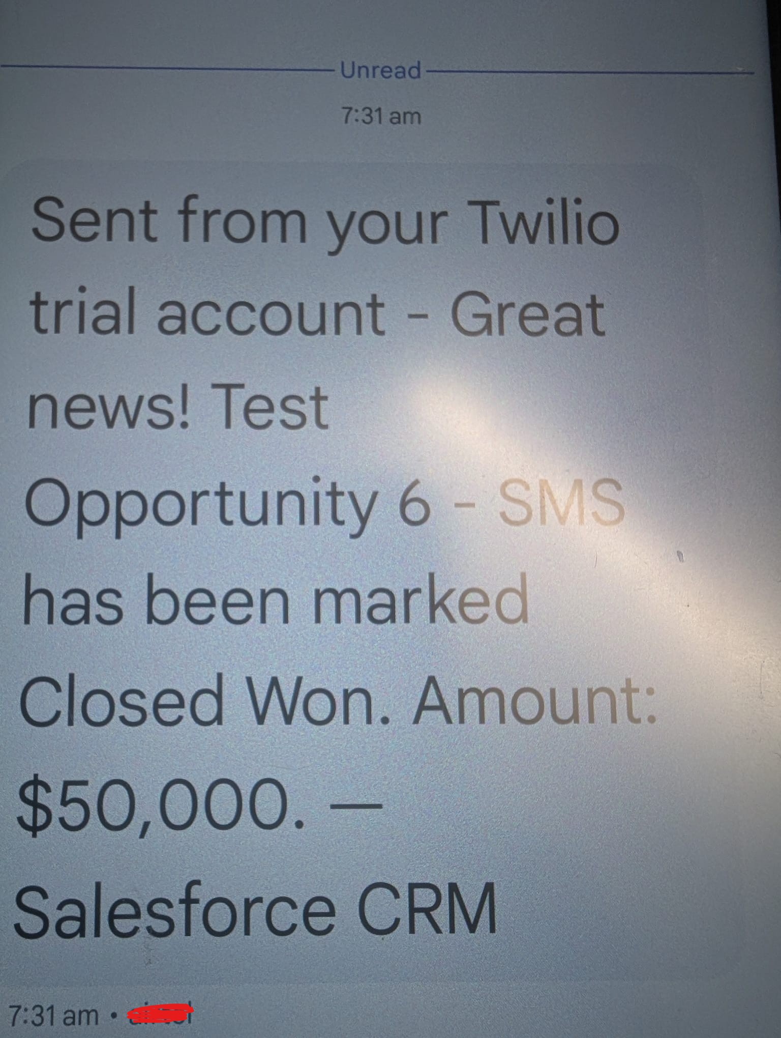 Mobile phone showing SMS received from the Twilio integration