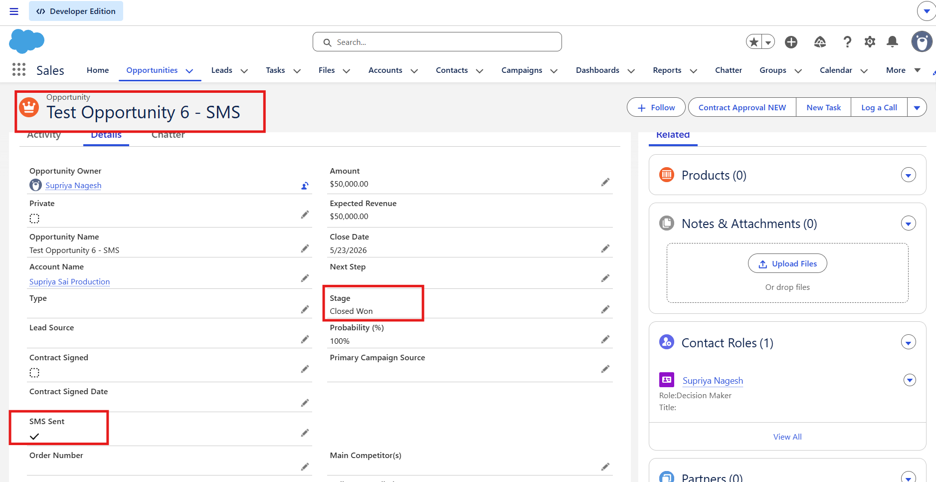 Salesforce Opportunity record showing SMS Sent checkbox updated to True