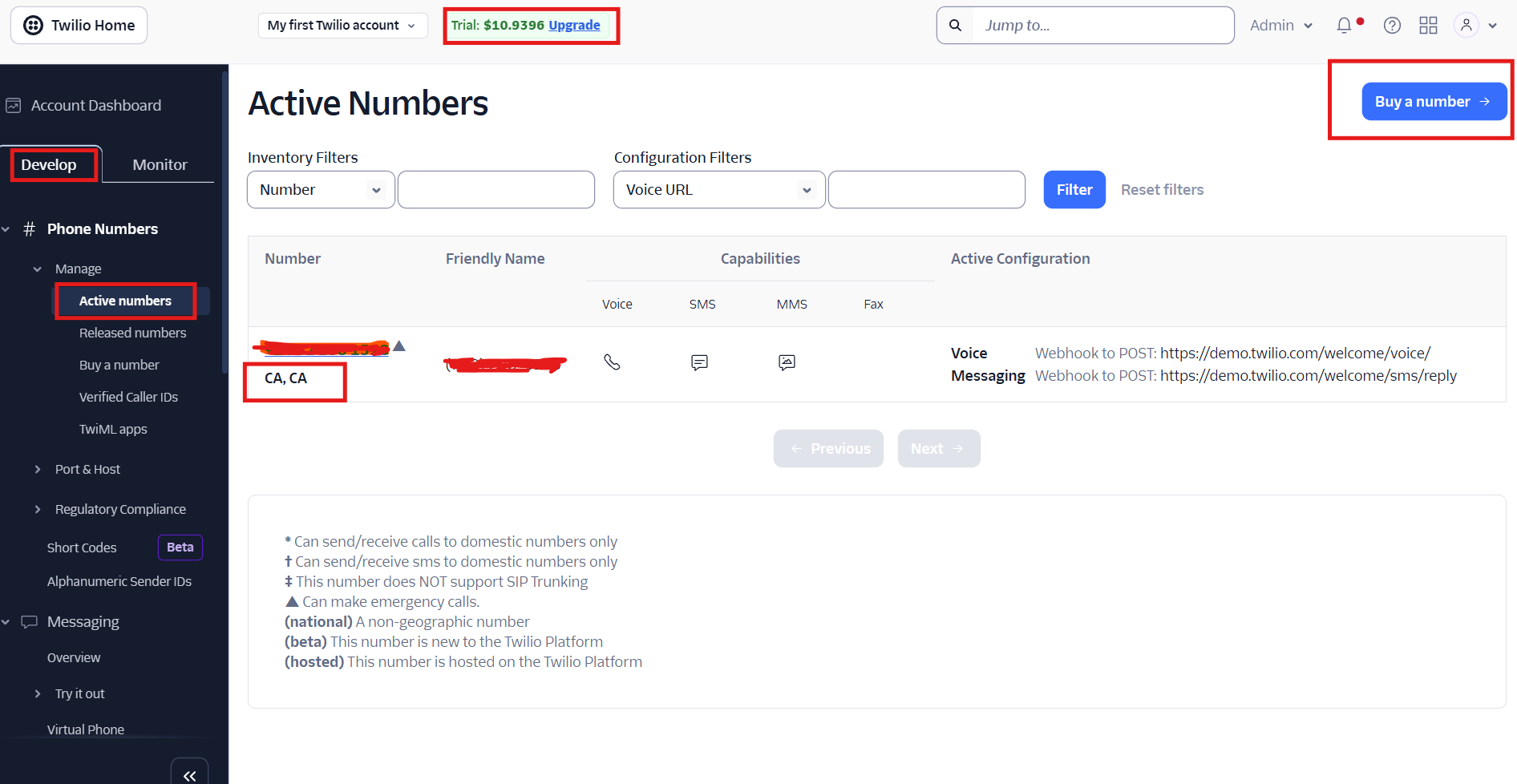 Twilio trial account dashboard showing free credit balance