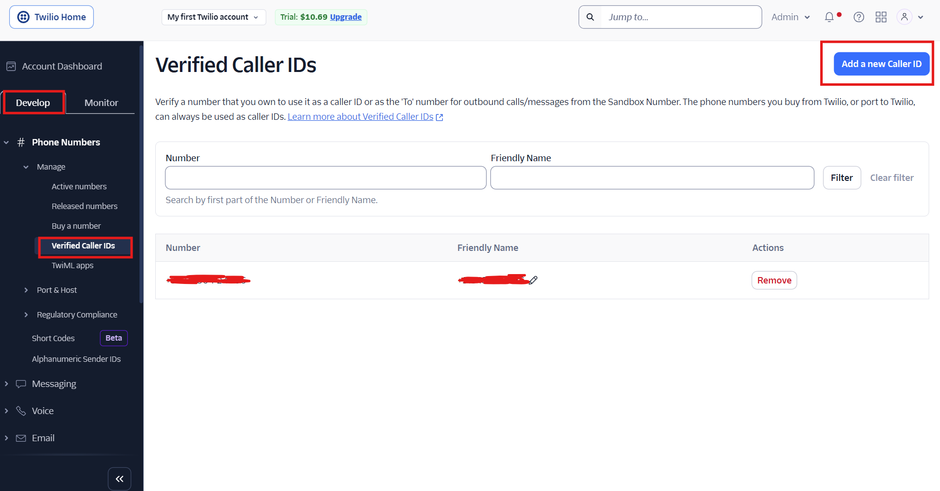 Twilio note showing receiving number must be verified on trial accounts